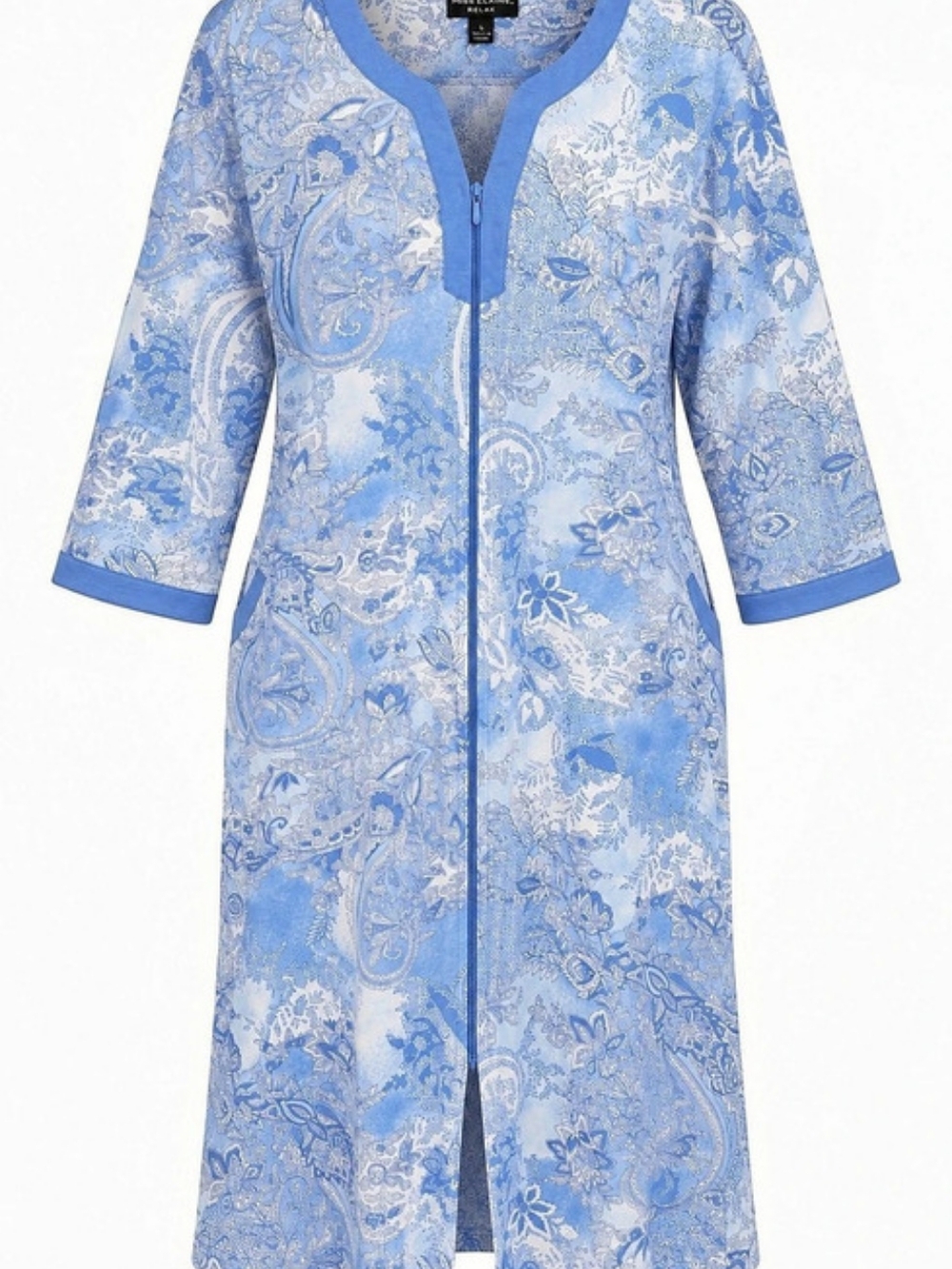 Miss Elaine Relax Blue Paisley Floral Front Zip Lounge Robe Housecoat Large